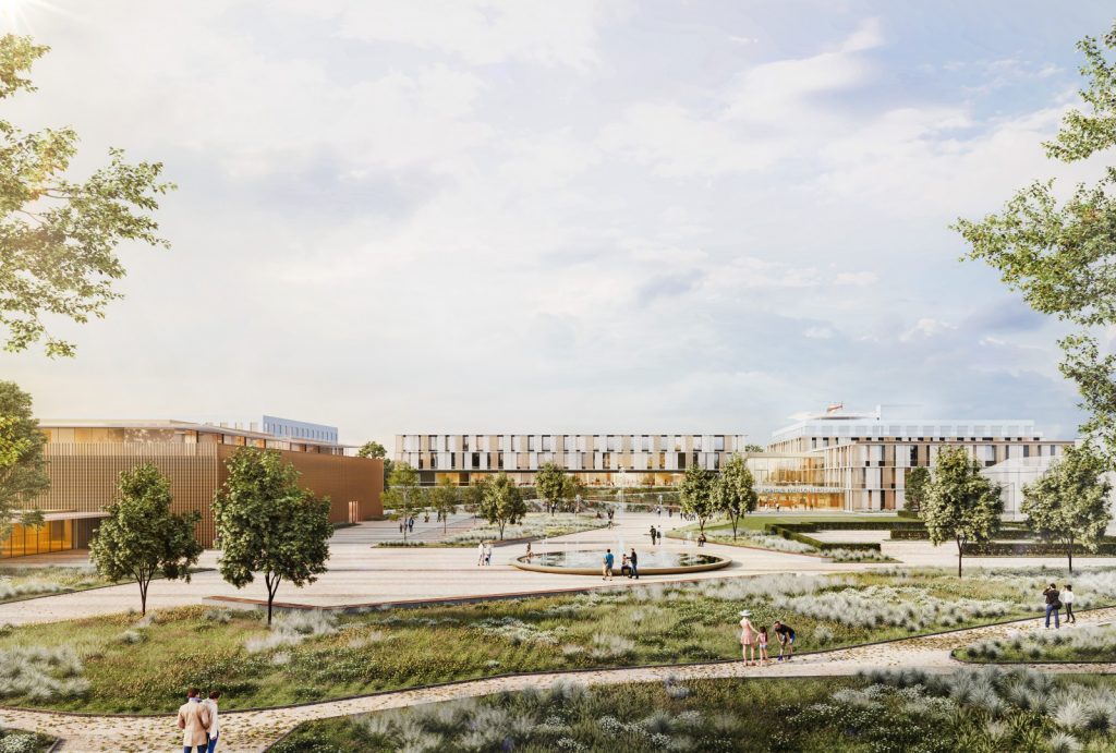 Visualisierung des Hôpital d’Yverdon-les-Bains mit seinem Vorplatz dem Centre Thermal