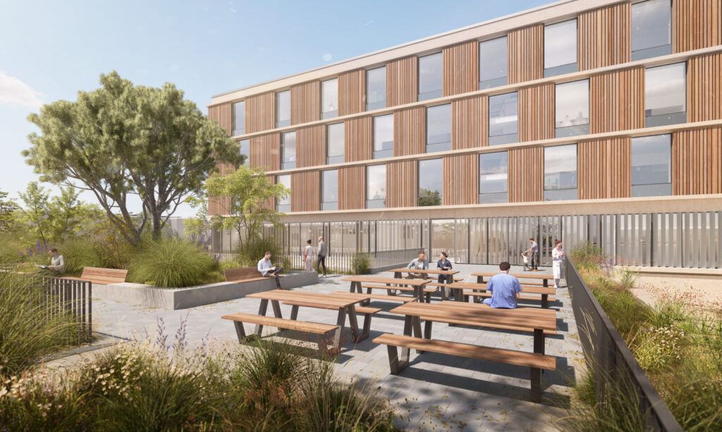 New building of the Memmingen Clinic, exterior perspective terrace, Nickl & Partner Architekten
